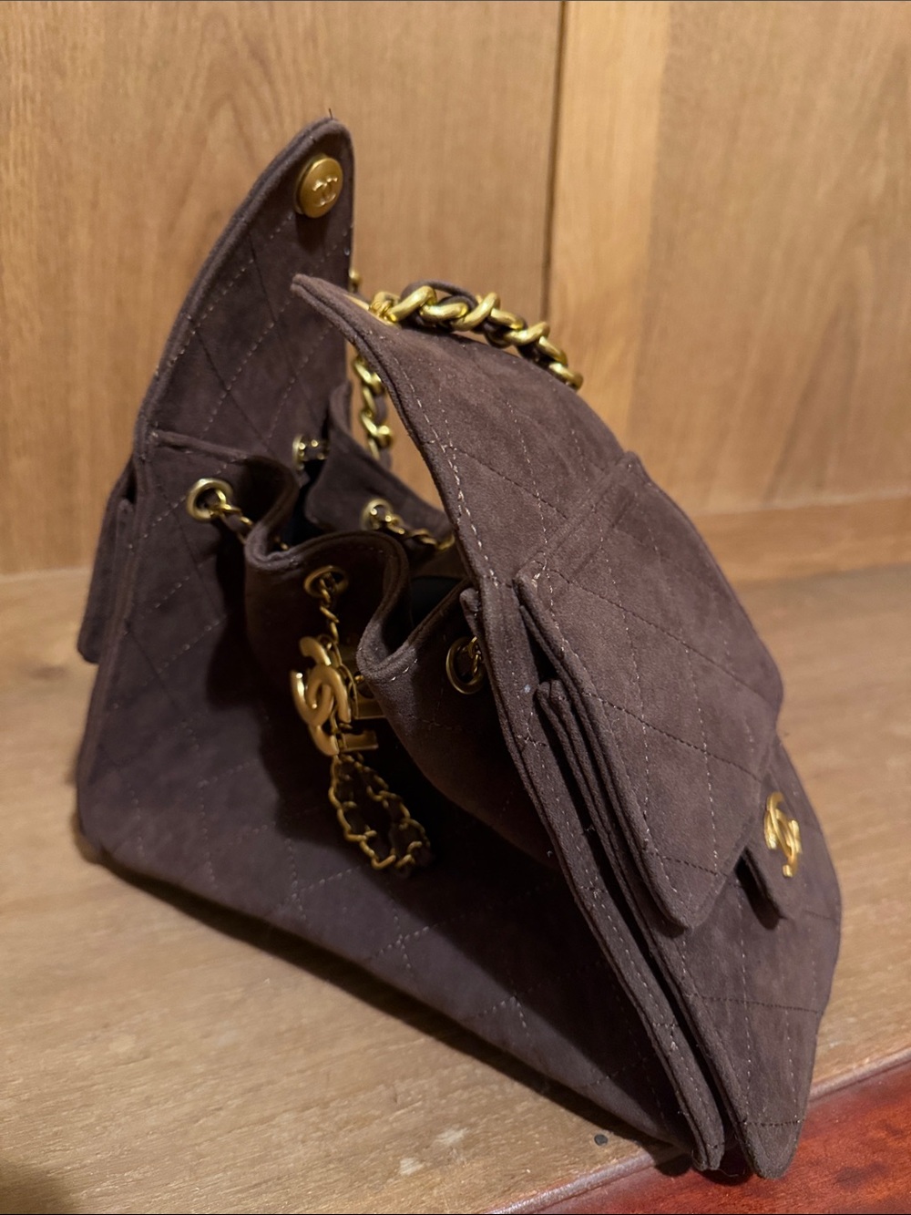 Luxury Quilted Brown Suede Chain Shoulder Bag